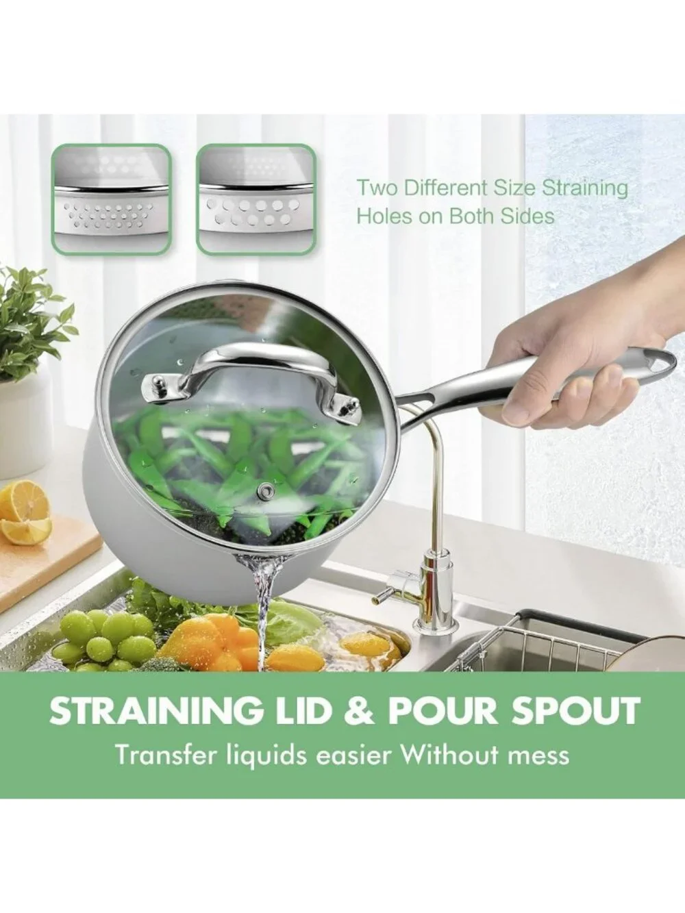 3.5 Quart Stainless Steel Saucepan with Glass Lid & Strainer, Induction Pot